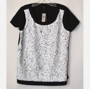 ANN TAYLOR Women Black with White Sequins Top Blouse Short Sleeves Size MP